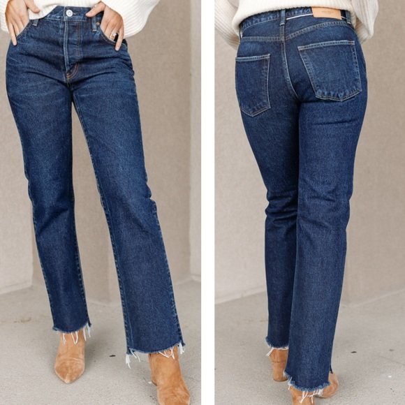 Moussy Vintage Inkster Straight Leg Loose Fit Raw Step Hem Blue Color SZ 29